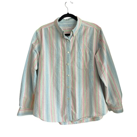 LL Bean Shirt Womens XL Button Down Long Sleeve 100% Cotton Multicolor Striped - Picture 1 of 3